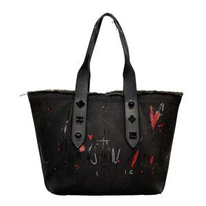 Auth CHRISTIAN LOUBOUTIN fringe bus - Black Red White Canvas Leather Tote Bag